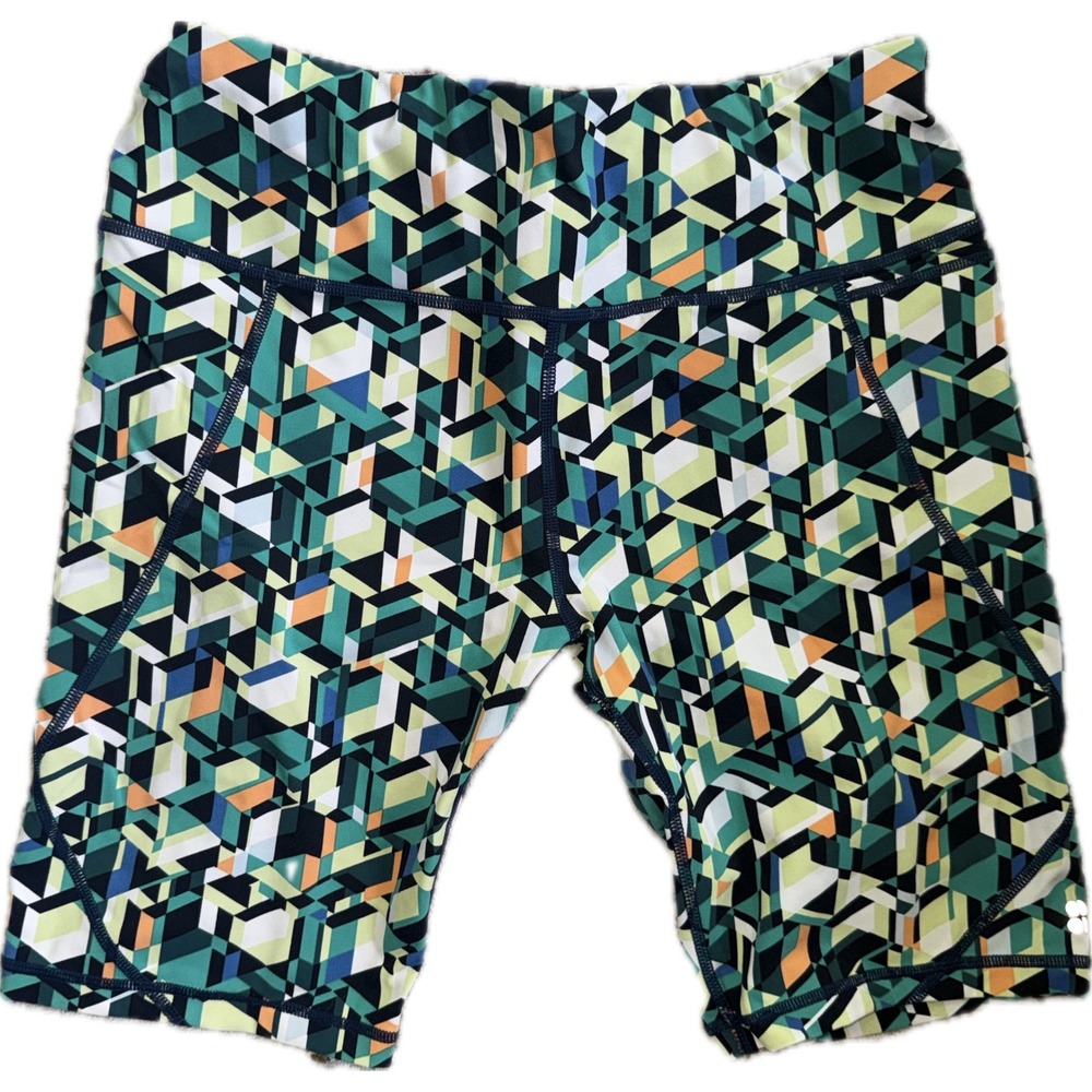 Sweaty Betty Multi-Color Geometric Bike Shorts - Green/Yellow/Blue - Picture 3 of 6